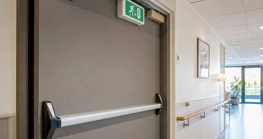 Barre anti-panique sur une issue de secours conforme ERP en EHPAD près de Colmar