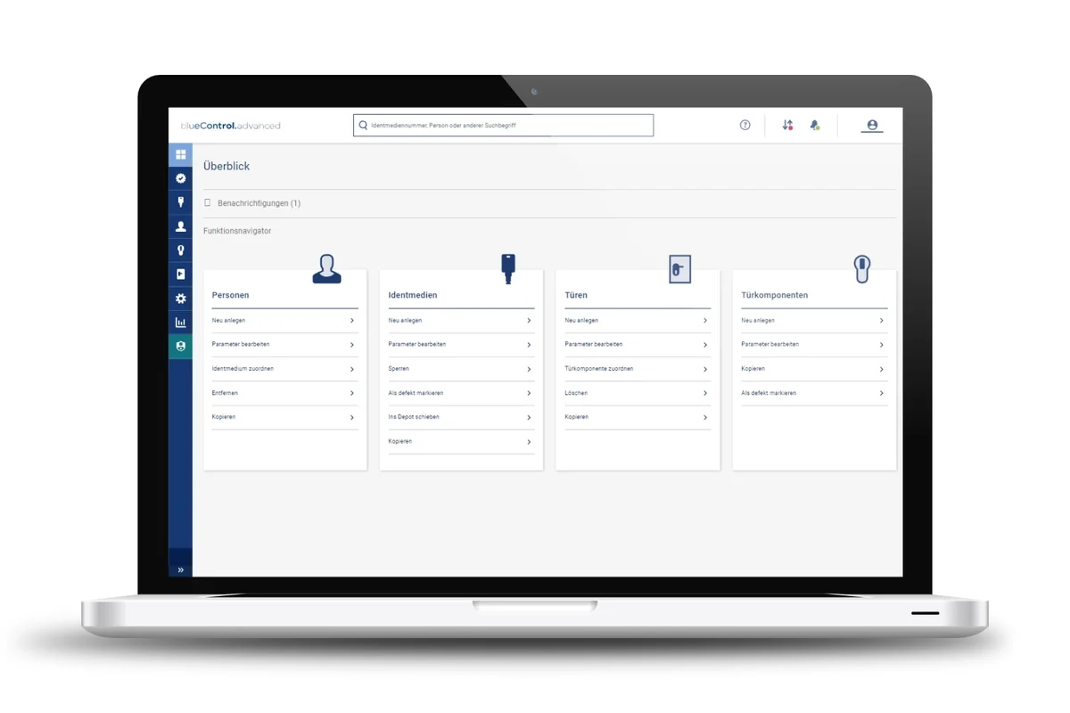 Écran du logiciel blueControl, gestion des personnes, des clés, des portes et des composants